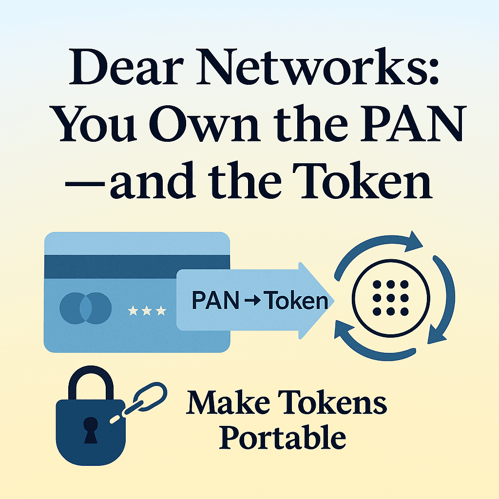 Gradient card graphic showing PAN → token with circular arrows and a broken padlock